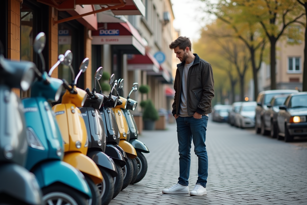Jeune homme examine des scooters en ville pour l'article