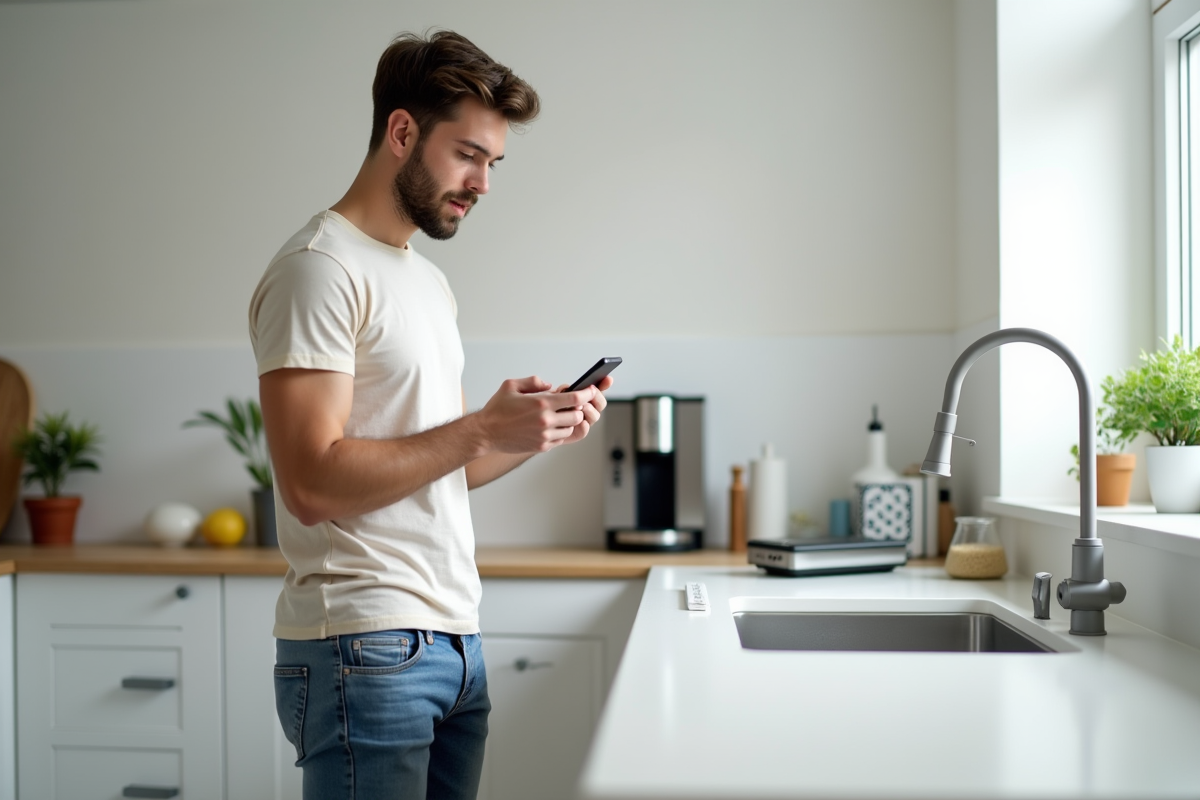 Jeune homme utilisant une application de maison connectée dans la cuisine