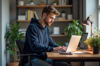 Jeune homme en hoodie travaille sur son laptop dans un bureau
