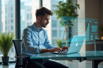 Jeune homme marketing analysant des données sur un ordinateur moderne