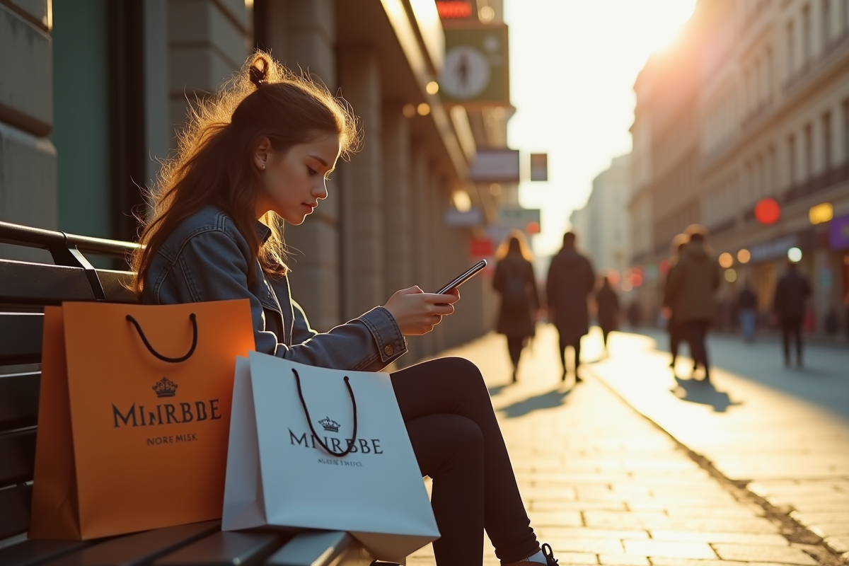 Jeune assis sur un banc avec sacs à main et téléphone en ville