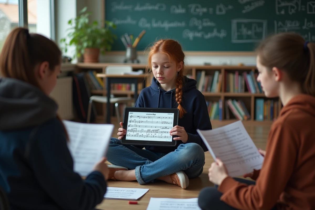 Des adolescents apprennent les paroles de La Strasbourgeoise sur tablette numérique dans une salle de classe musicale contemporaine