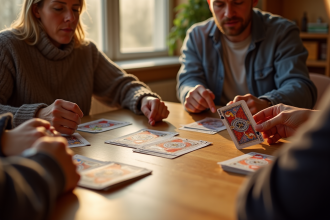 Quatre personnes jouent aux cartes de belote autour d'une table chaleureuse