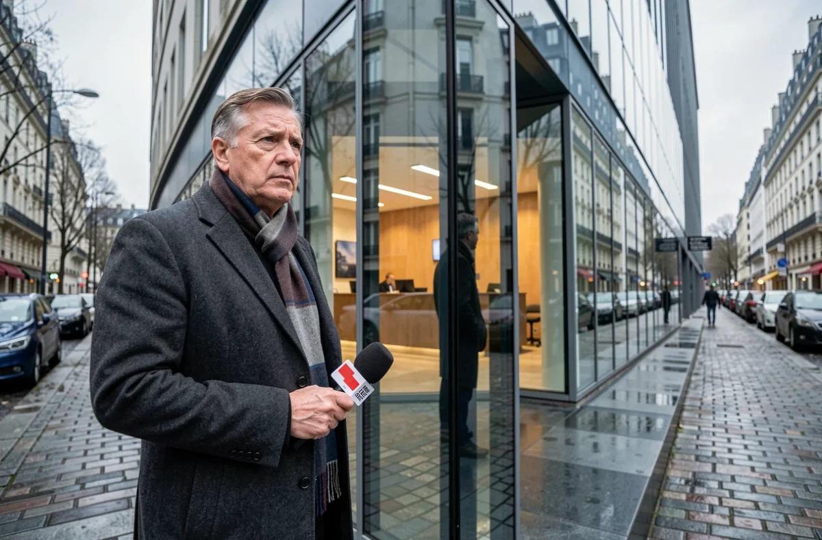 Journaliste célèbre devant le siège d'une chaîne de télévision parisienne tenant un badge de presse révoqué, expression grave