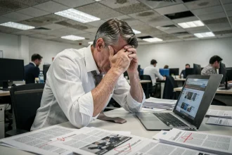 Journaliste français en crise professionnelle dans une salle de rédaction désordonnée, la tête dans les mains devant son bureau