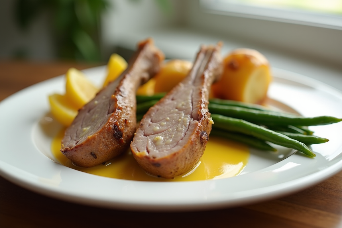 Lapin à la moutarde servi avec légumes frais