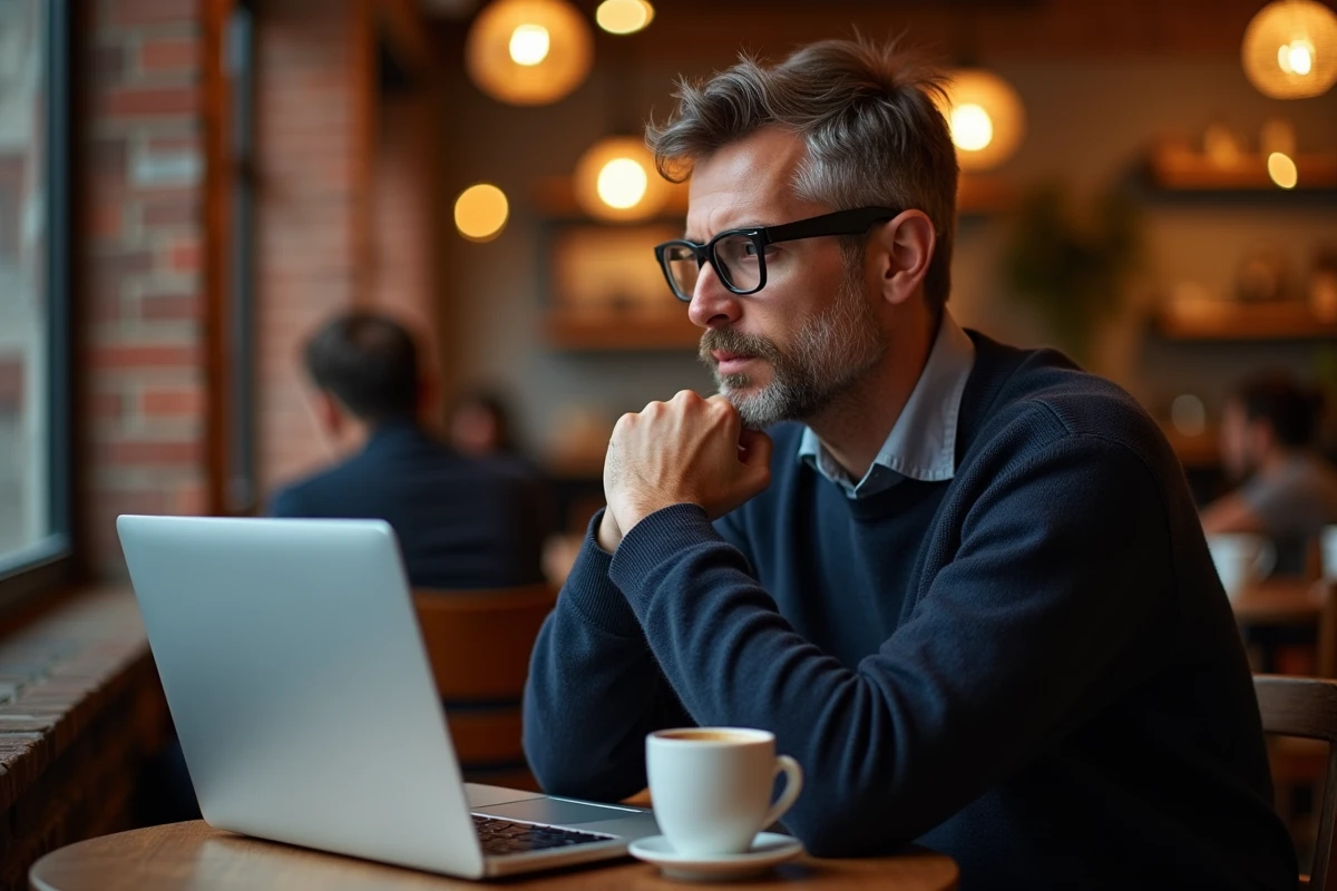 Homme lisant des avis de film sur un ordinateur portable dans un café indépendant avant une soirée cinéma