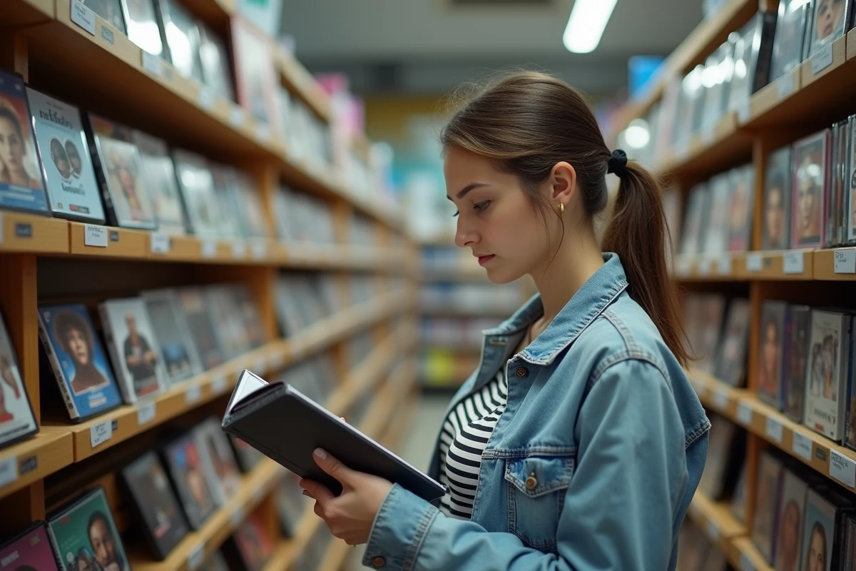 Femme lisant la quatrième de couverture d'un DVD dans un rayon de films d'un magasin culturel
