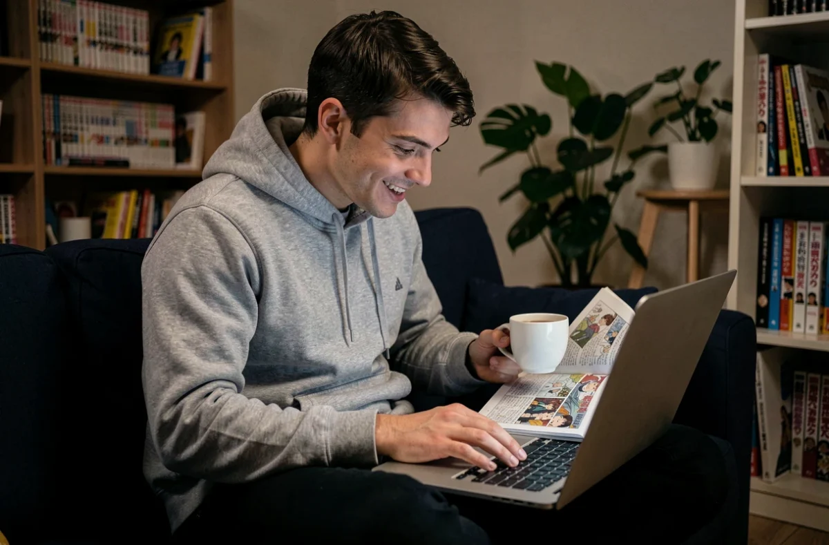 Jeune homme lisant des scans de manga sur son ordinateur portable sans spoilers dans un salon cosy