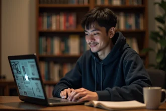 Jeune homme lisant des scans de manga sur un ordinateur portable dans un bureau à domicile organisé