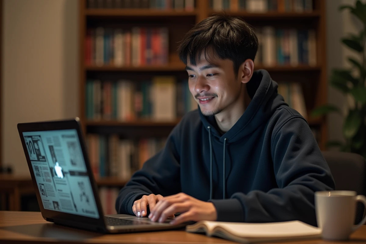 Jeune homme lisant des scans de manga sur un ordinateur portable dans un bureau à domicile organisé