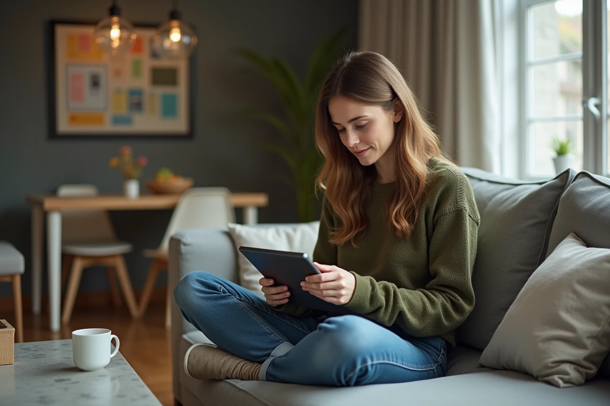 Femme lisant un scan de manga sur tablette dans son salon moderne