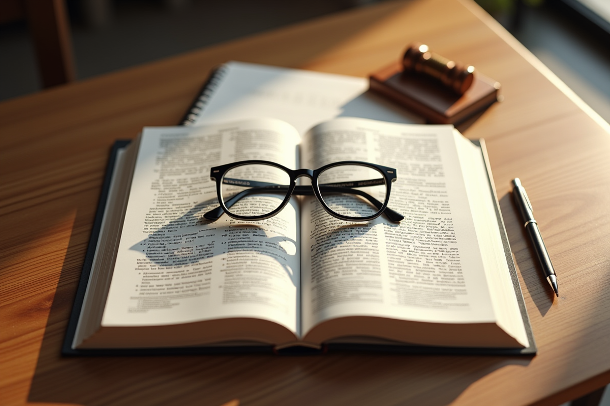 Livre de droit civil ouvert avec lunettes et notes annotées