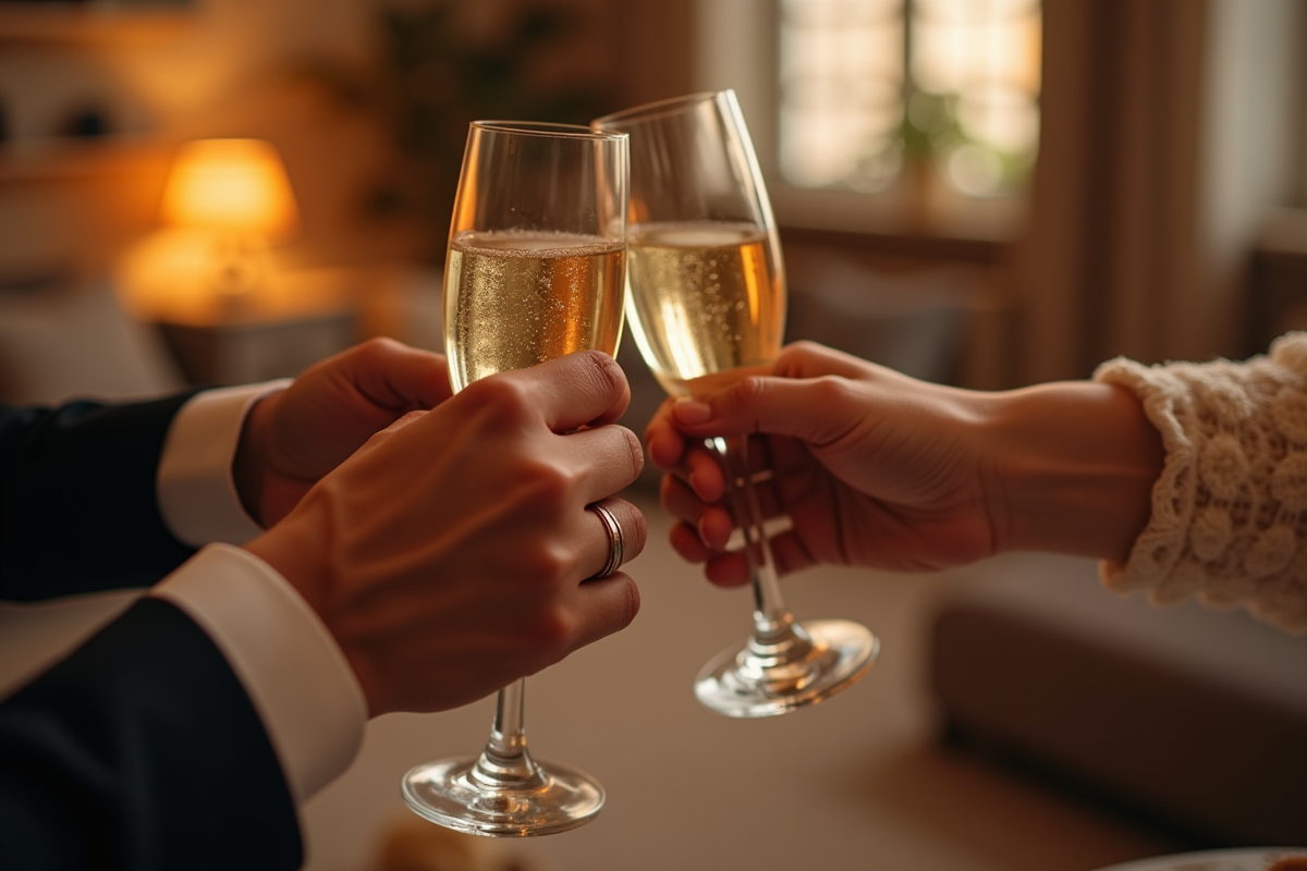 Mains entrelacees avec bagues et verres de champagne dans un salon chaleureux