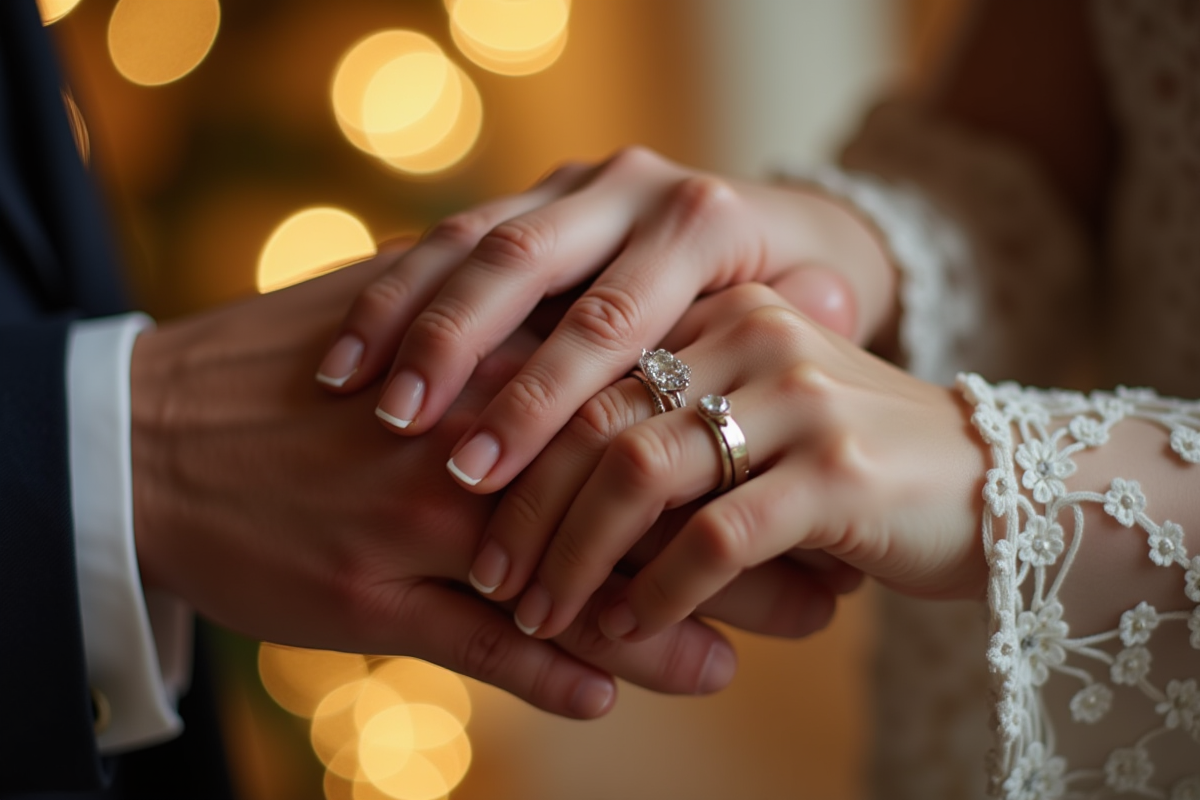 Mains de couple marié avec alliances et décor d anniversaire