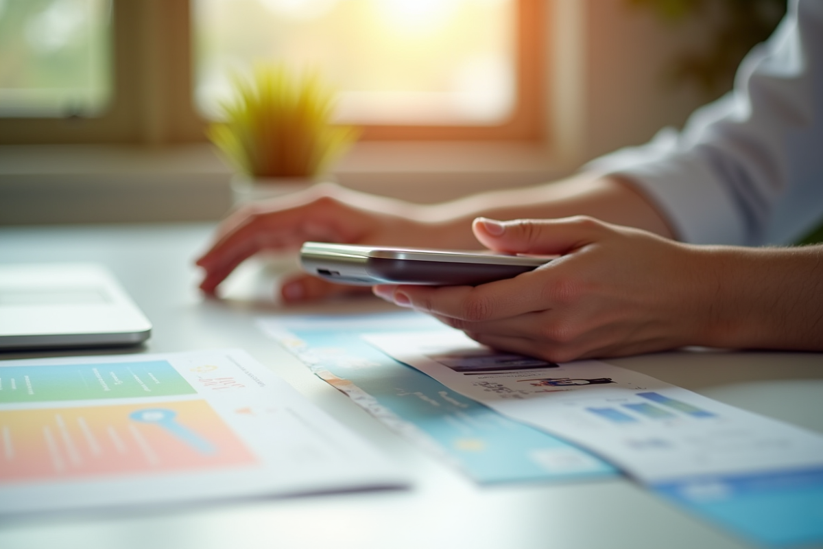 Mains tenant un gadget moderne avec matériaux marketing colorés