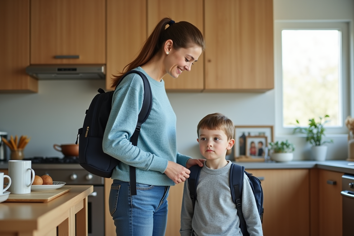 Femme ajustant le sac de son enfant dans la cuisine