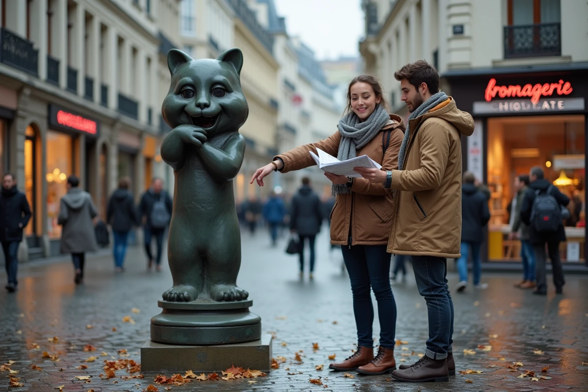 Un couple de touristes souriants découvrant le Manneken Pis un matin d'automne à Bruxelles, avec les commerces typiques en arrière-plan