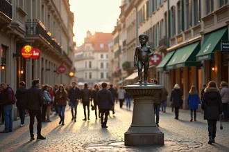Le Manneken Pis de Bruxelles entouré de touristes lors d'une visite en journée, avec les bâtiments historiques en arrière-plan