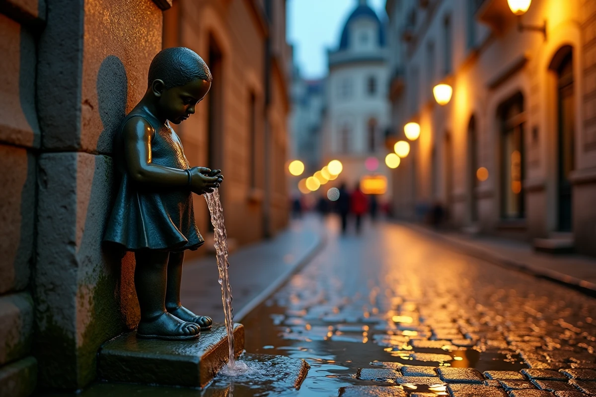 Le Manneken Pis de nuit à Bruxelles, capturé en gros plan avec les pavés mouillés et les lanternes de la vieille ville en arrière-plan