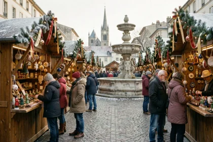 Marché de Noël d'Aix-en-Provence avec chalets en bois décorés, visiteurs en manteaux d'hiver et fontaine historique enneigée sur la place centrale