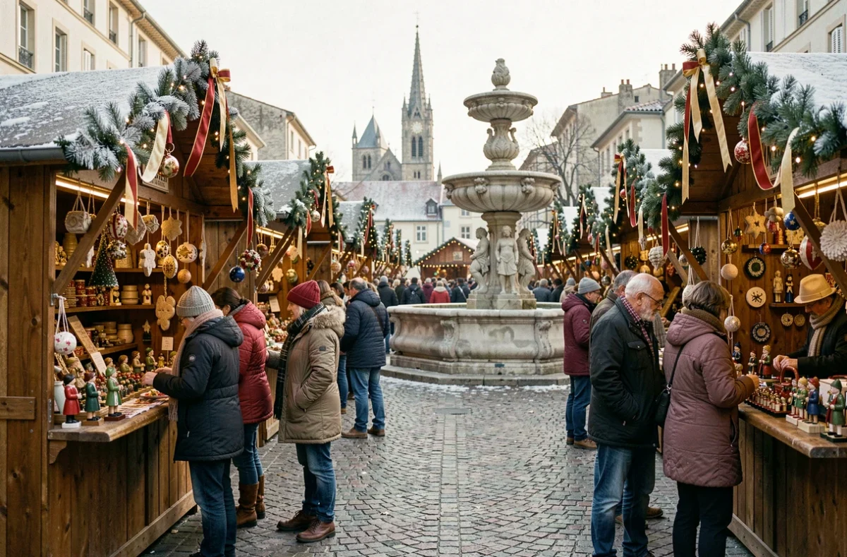 Marché de Noël d'Aix-en-Provence avec chalets en bois décorés, visiteurs en manteaux d'hiver et fontaine historique enneigée sur la place centrale
