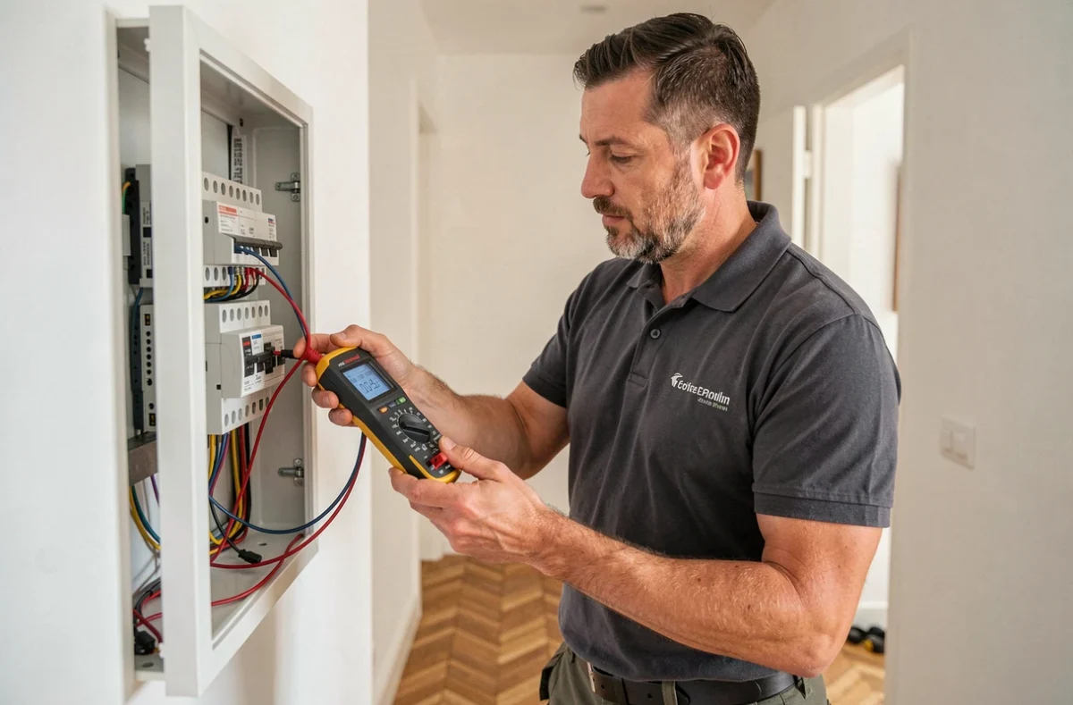 Technicien de MCR Elec testant un tableau électrique dans une maison moderne