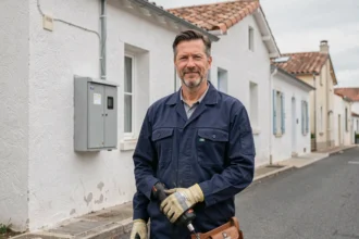 Électricien professionnel devant une maison en Charente-Maritime, représentant les meilleurs électriciens de la région