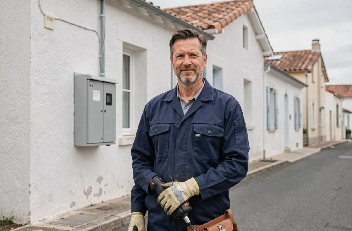 Électricien professionnel devant une maison en Charente-Maritime, représentant les meilleurs électriciens de la région