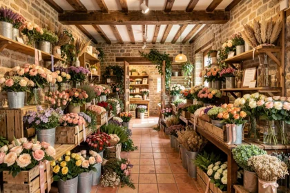Intérieur d'une boutique de fleuriste en Seine-et-Marne avec des fleurs colorées dans des caisses en bois et des seaux en métal