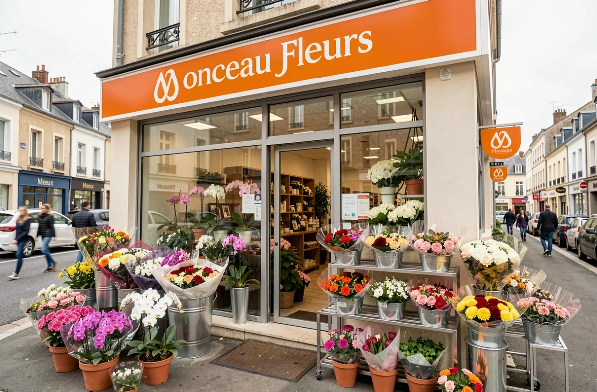 Devanture de Monceau Fleurs à Meaux avec des bouquets emballés, des orchidées et des plantes fleuries exposées sur le trottoir