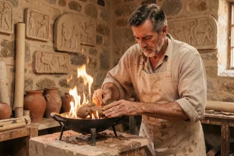 Sculpteur façonnant une figure d'argile près d'un feu de forge dans un atelier antique évoquant le mythe de Prométhée