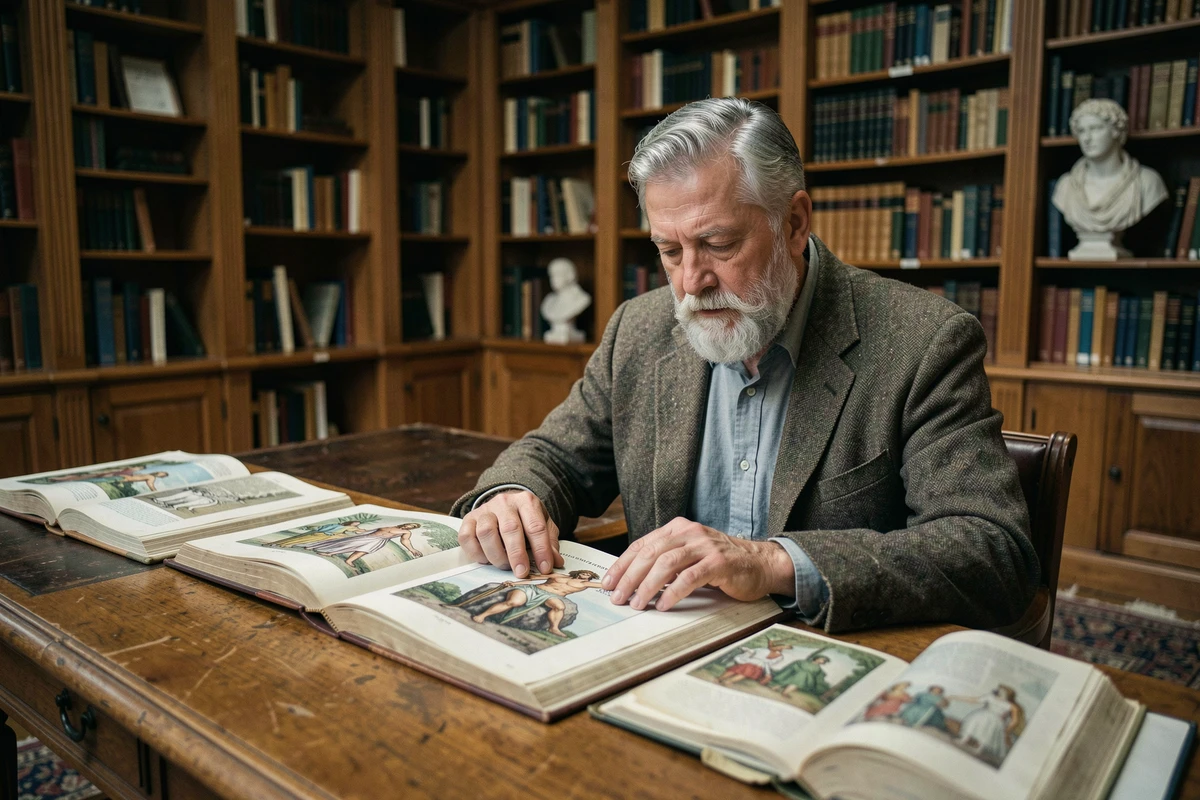 Universitaire étudiant le mythe de Prométhée dans une bibliothèque ancienne avec des livres illustrés de mythologie grecque