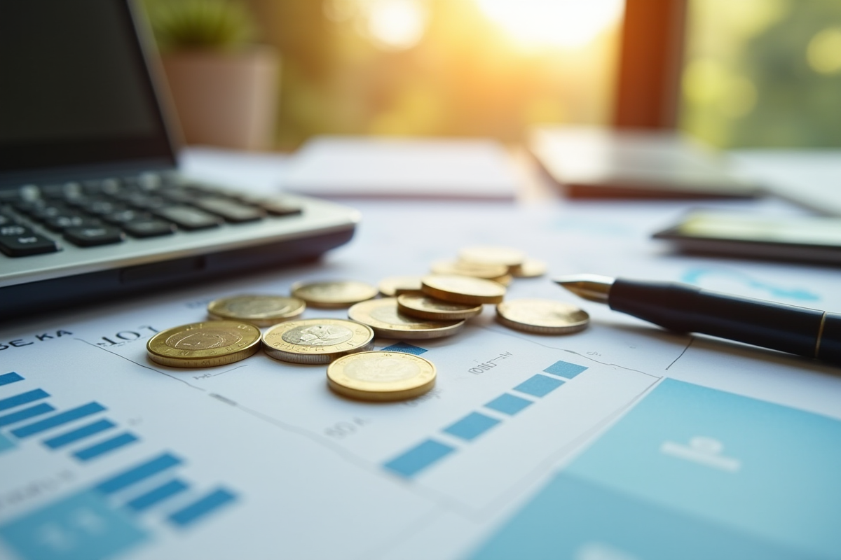 Clavier et coins d'euros et de dollars sur un bureau ensoleille