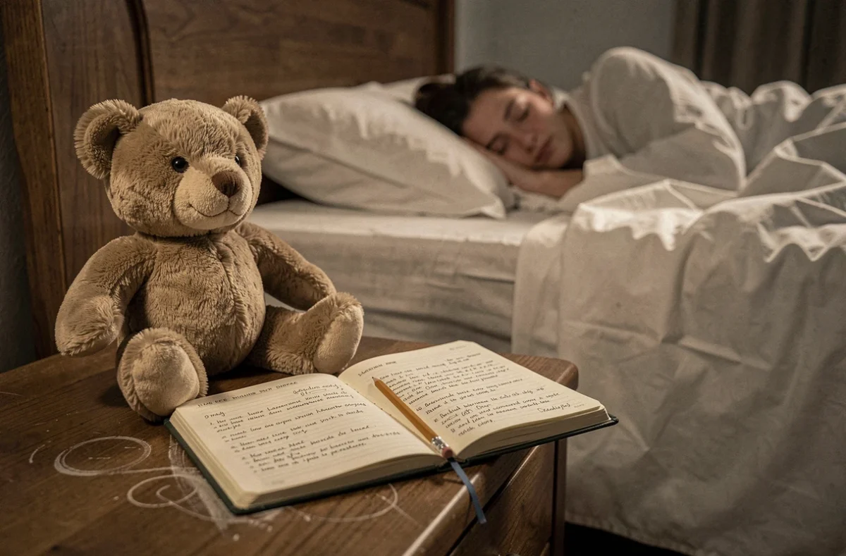 Ourson posé sur une table de nuit avec un journal de rêves ouvert évoquant les songes récurrents