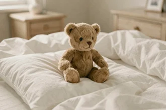 Ourson en peluche vintage posé sur un oreiller froissé évoquant les rêves récurrents du sommeil