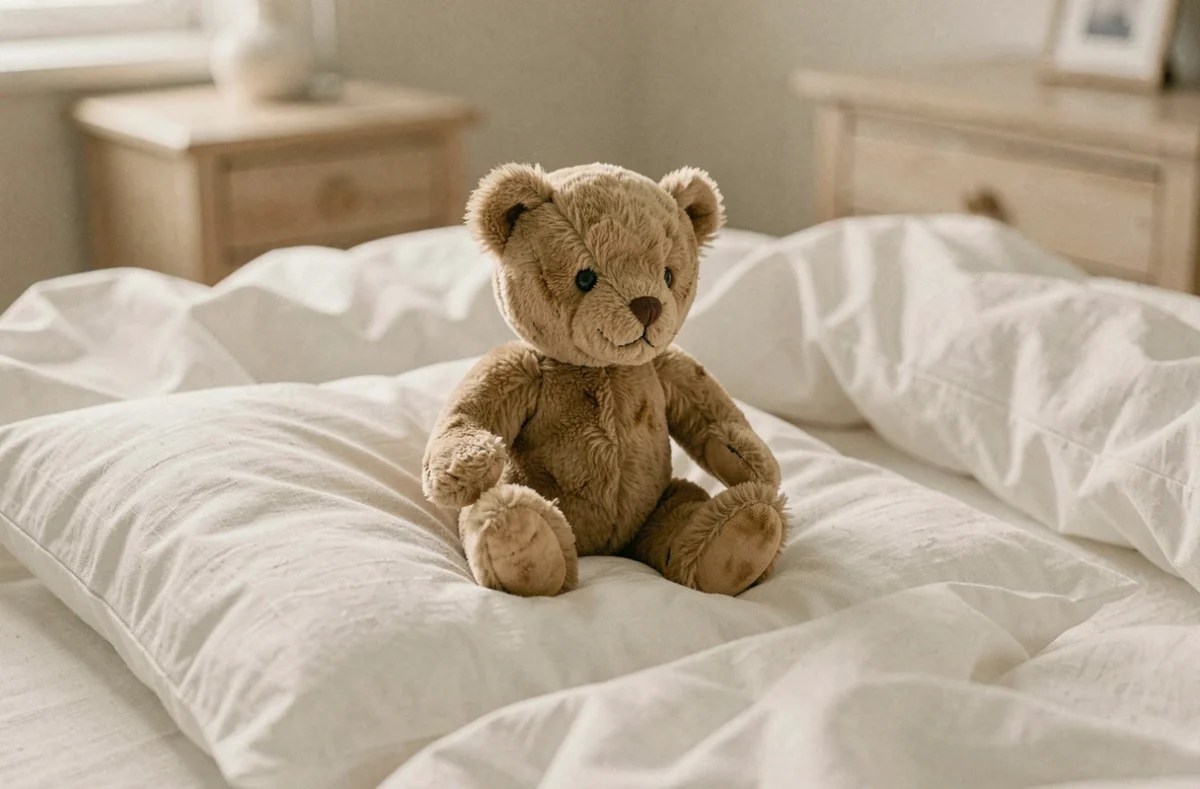 Ourson en peluche vintage posé sur un oreiller froissé évoquant les rêves récurrents du sommeil
