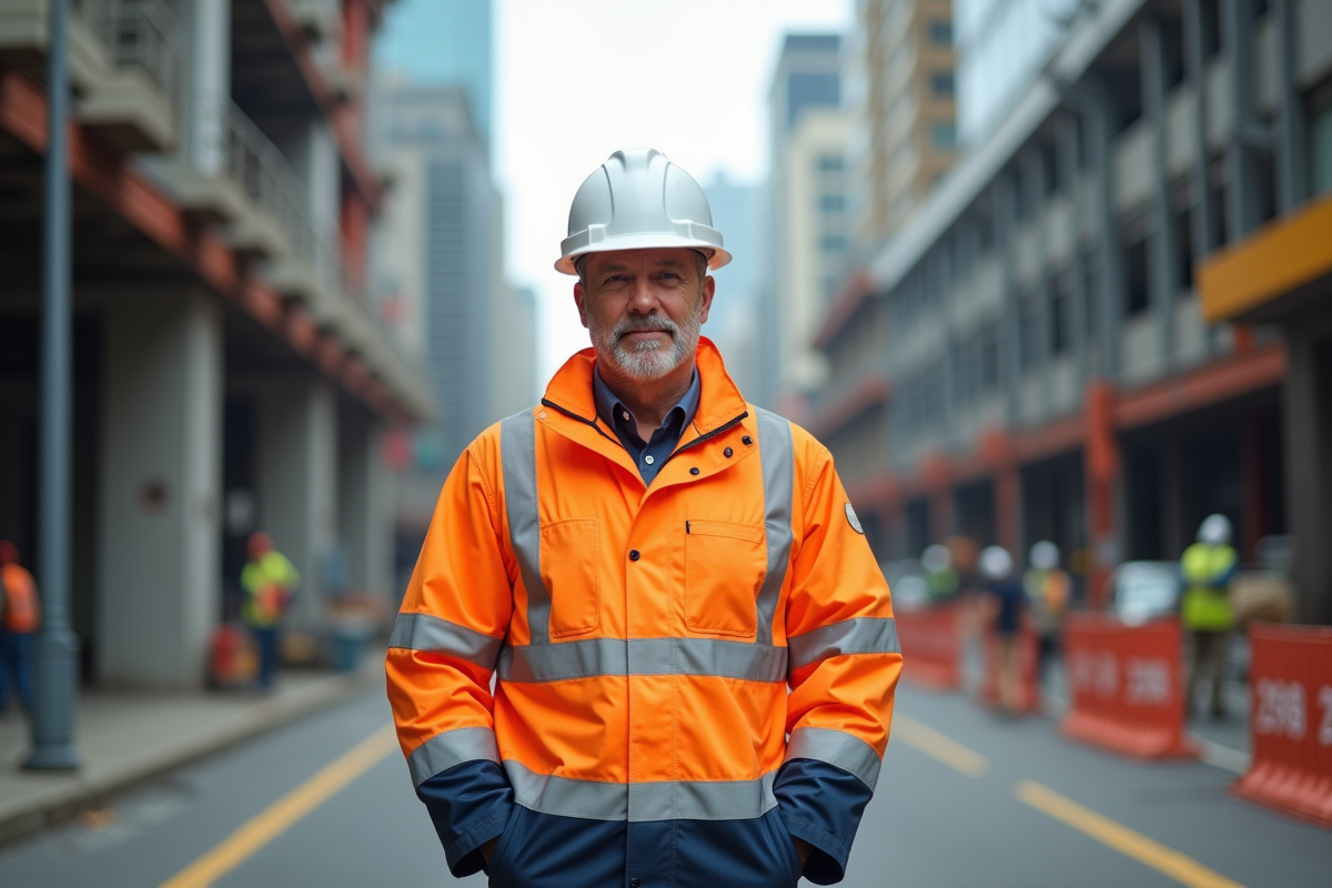 Homme ouvrier en veste haute visibilité en ville