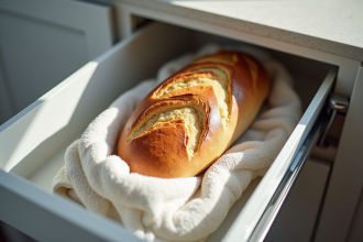Pain frais enroule dans une serviette dans un congélateur