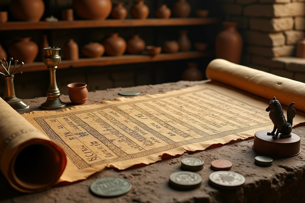 Parchemin antique illustrant les dieux messagers Hermès, Thot et Iris dans une étude archéologique