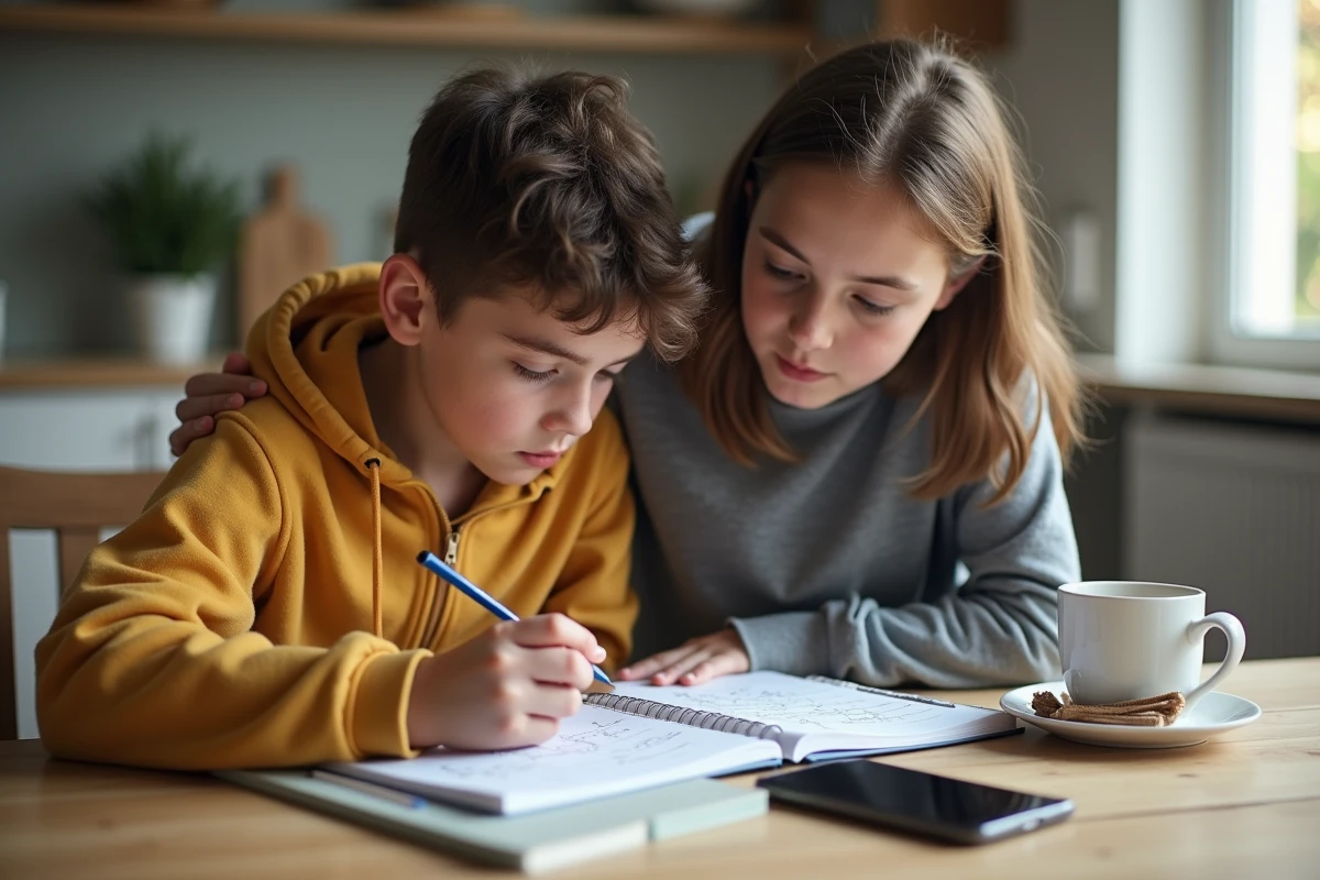 Parent aidant son adolescent à rattraper ses devoirs et évaluations manqués pendant la grève scolaire