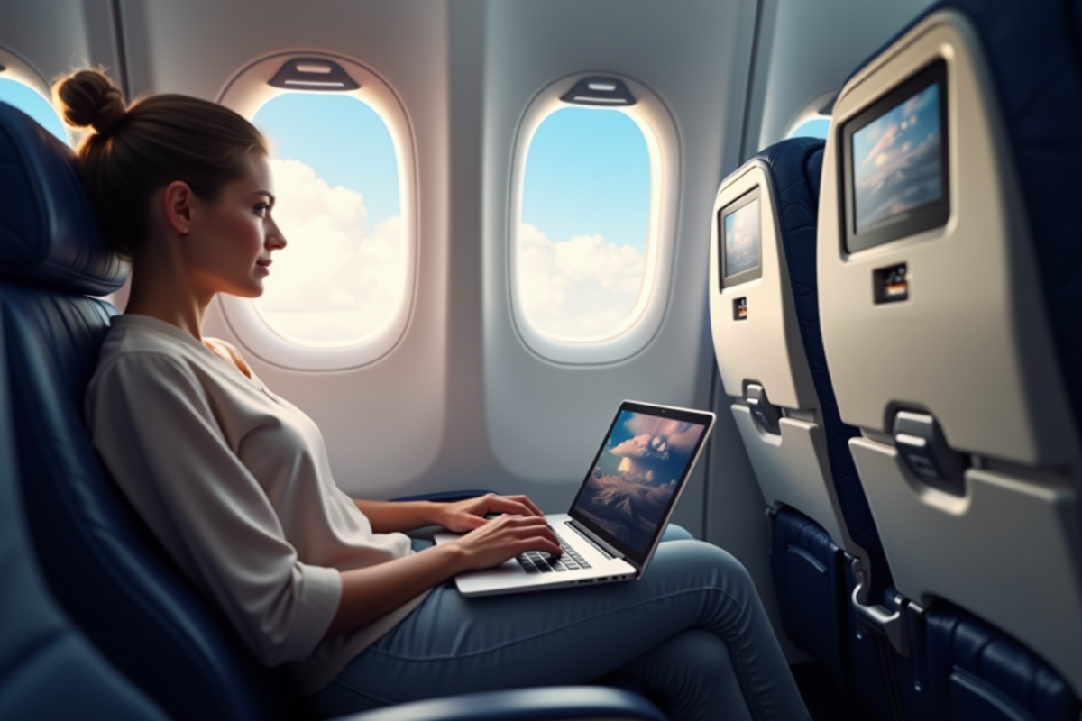 Passager utilisant un ordinateur avec WiFi à bord d'un avion moderne