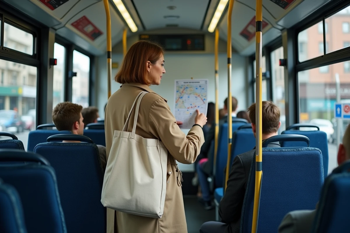 Passagère consultant la carte de l'itinéraire du bus 92 à l'intérieur du véhicule