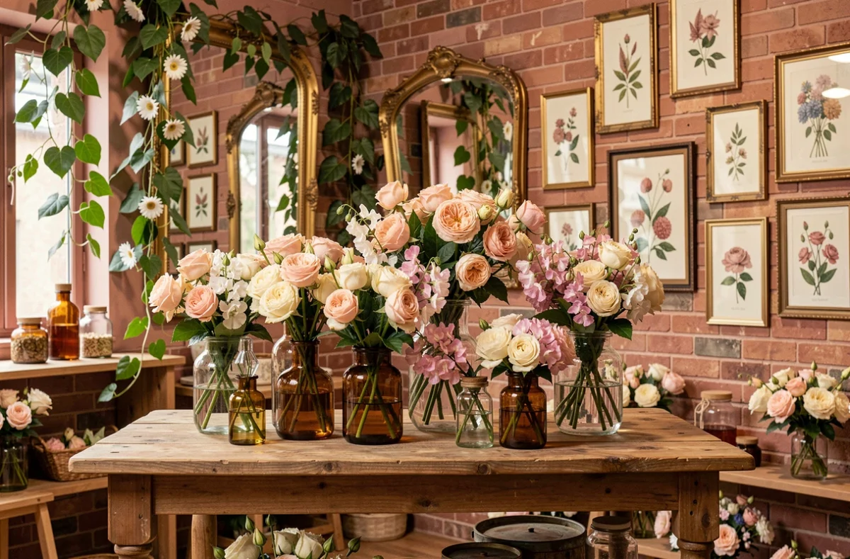 Intérieur romantique de Passiflore Atelier et Boutique avec des roses de jardin et des fleurs de passion dans des bouteilles vintage