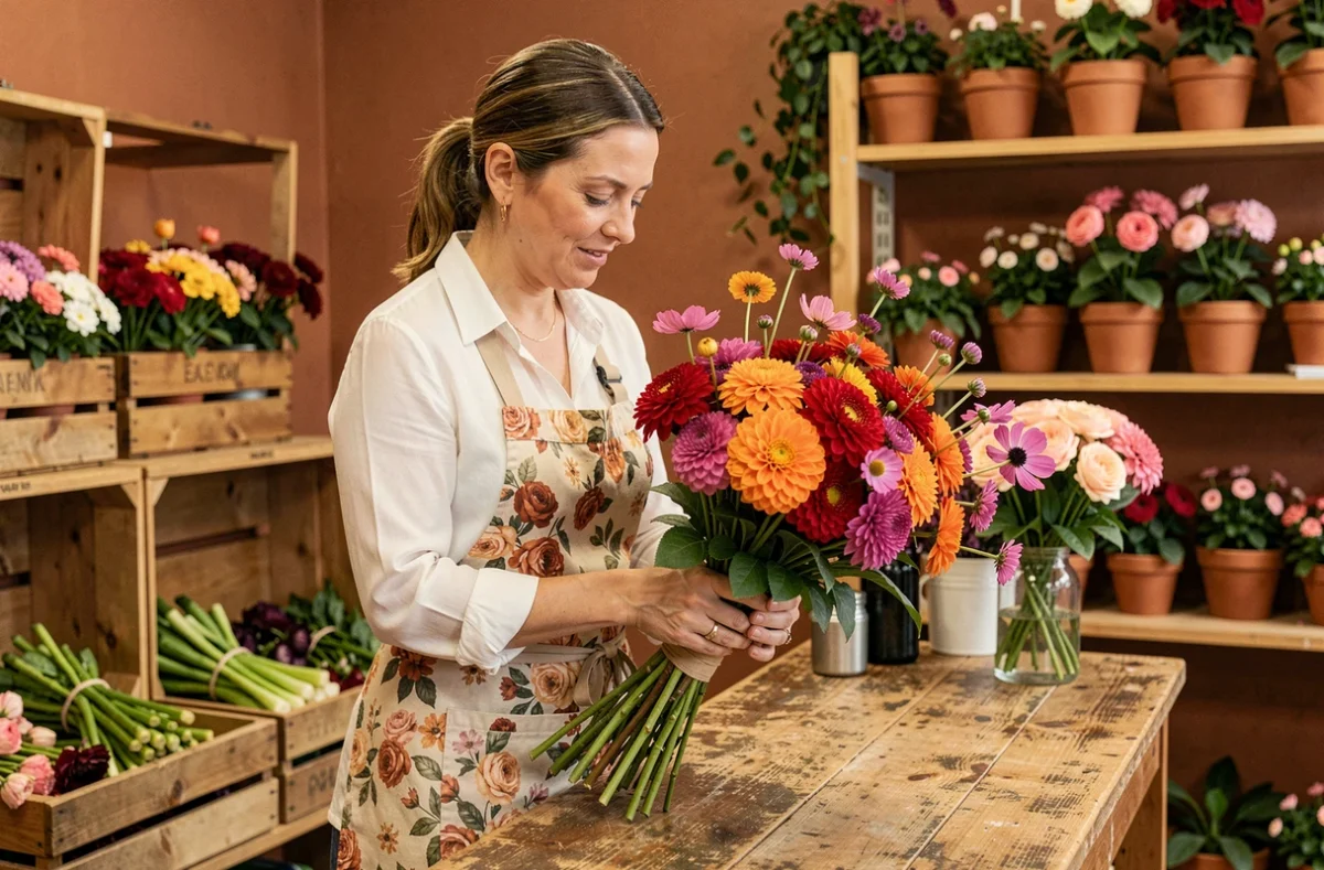 Fleuriste passionnée de Passion Fleurie attachant un bouquet de dahlias et de cosmos colorés dans sa boutique chaleureuse