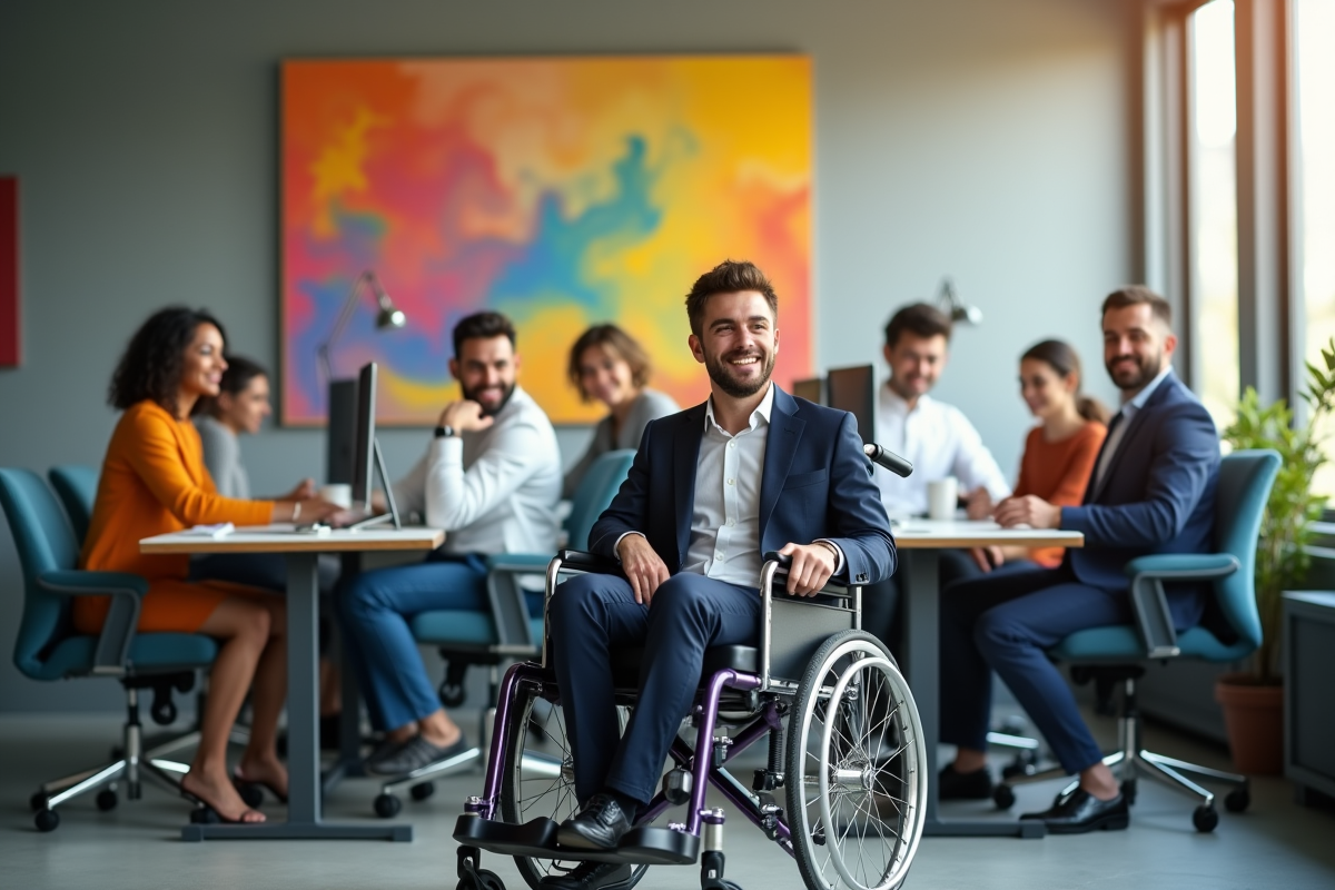 Personne en fauteuil roulant travaillant avec collègues dans un espace ouvert