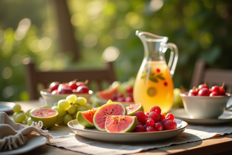 Table de petit déjeuner extérieur avec fruits frais et vaisselle