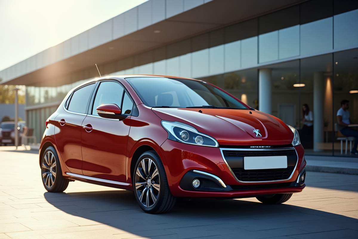 Peugeot 208 neuve devant un concessionnaire moderne