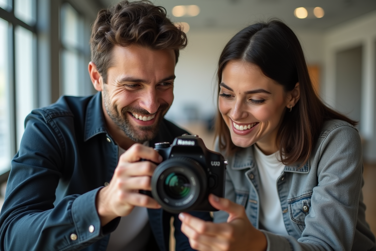 Photographe et modèle souriants dans un studio lumineux
