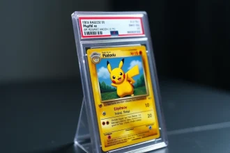 Carte Pikachu ex Étincelles Déferlantes gradée PSA 10 dans son slab en plastique rigide posée sur une surface sombre